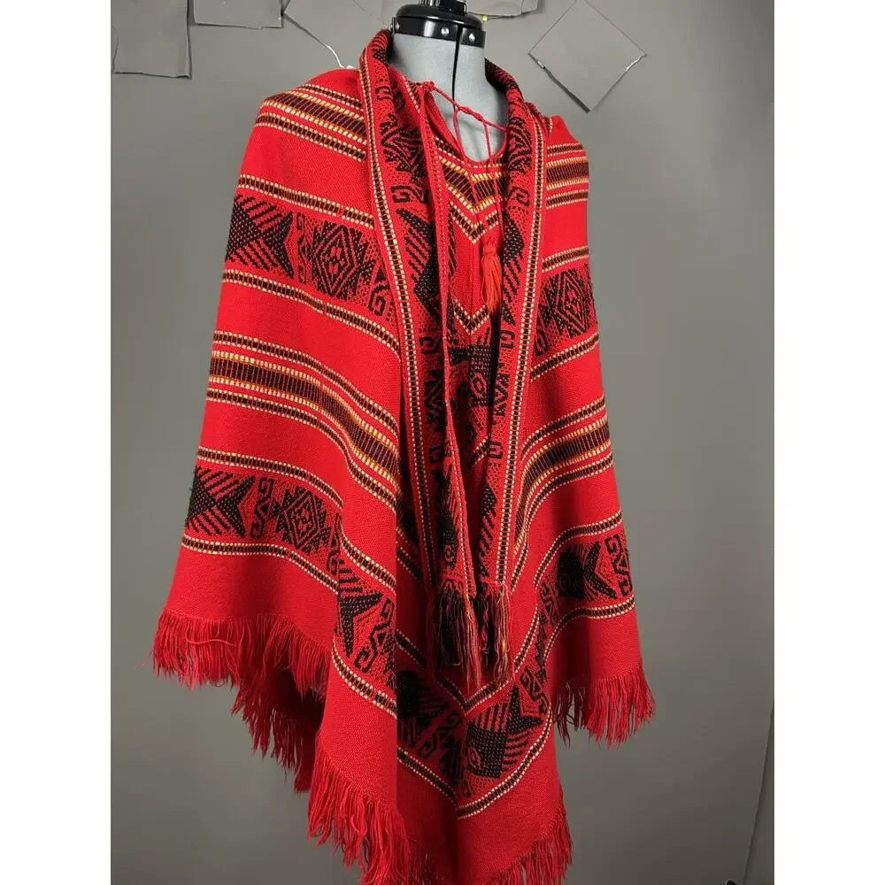 Red Black Woven Geometric Fringe Poncho Cape Shawl Boho Festival One Size